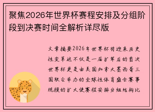 聚焦2026年世界杯赛程安排及分组阶段到决赛时间全解析详尽版 聚焦2026年世界杯赛程安排及分组阶段到决赛时间全解析详尽版