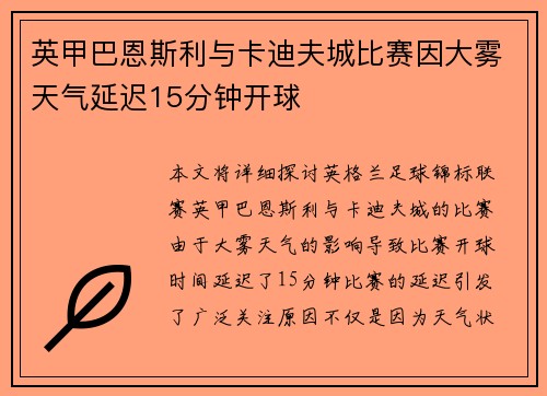 英甲巴恩斯利与卡迪夫城比赛因大雾天气延迟15分钟开球 英甲巴恩斯利与卡迪夫城比赛因大雾天气延迟15分钟开球