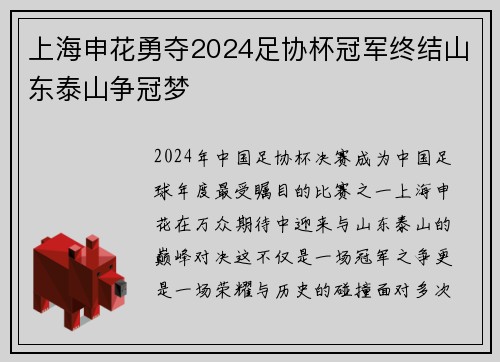 上海申花勇夺2024足协杯冠军终结山东泰山争冠梦 上海申花勇夺2024足协杯冠军终结山东泰山争冠梦