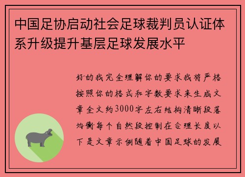 中国足协启动社会足球裁判员认证体系升级提升基层足球发展水平